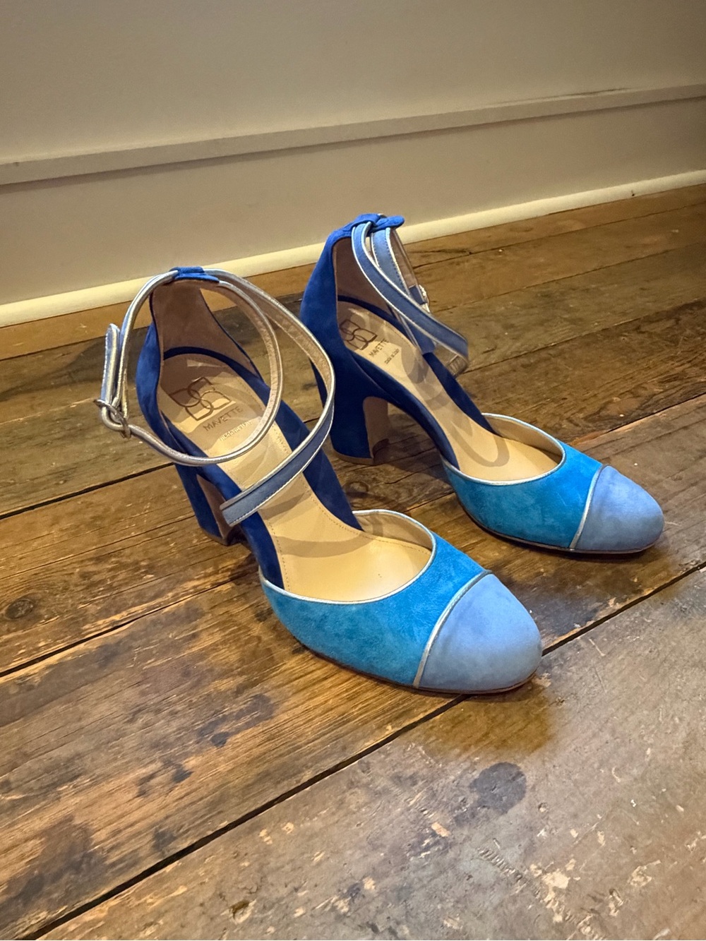 Two-Tone Blue Suede Ankle-Strap Block Heels